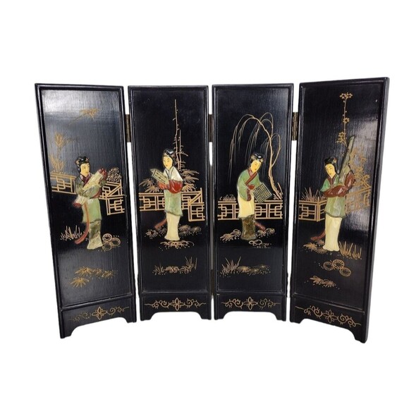 Vintage 1950s Geisha Lacquered Bamboo Abalone Paneled Tabletop Screen Divider - Picture 1 of 12